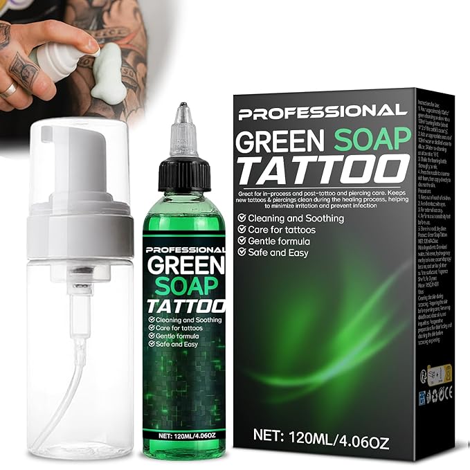 Green Soap Tattoo Concentrated 4OZ with Foaming Bottle 120ml, Tattoo Soap Supplies for Piercings and Clean Skin, Effective & Gentle
