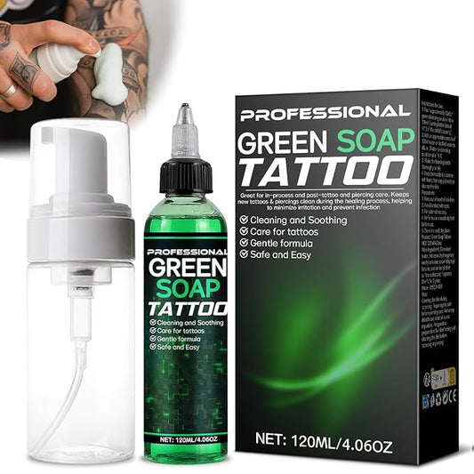Green Soap Tattoo Concentrated 4OZ with Foaming Bottle 120ml, Tattoo Soap Supplies for Piercings and Clean Skin, Effective & Gentle