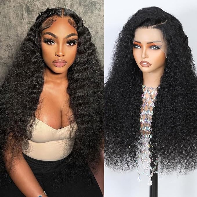 13x6 Deep Wave Lace Front Wigs Human Hair 26 Inch 200 Density HD Lace Frontal Glueless Wigs Human Hair Pre Plucked Deep Curly Wig Natural Black
