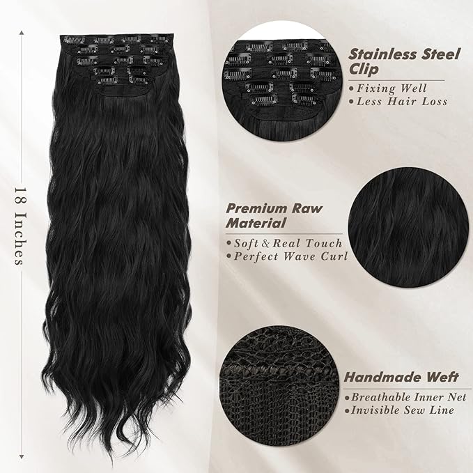 BARSDAR 18 Inch Wavy Clip in Hair Extensions – 5PCS Thick Soft Synthetic Hairpieces – Natural Black Full Head Clip in Hair Extensions for Women – Long Voluminous Easy Wear for Daily Party Halloween