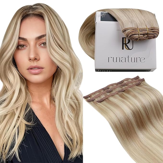 RUNATURE Blonde Hair Extensions Clip in Human Hair, Straight Clip in Hair Extensions Real Human Hair for Women, Remy Natural Hair, Can Be Styled, 12 Inch 50g 3pcs #18P60 Ash Blonde Highlights