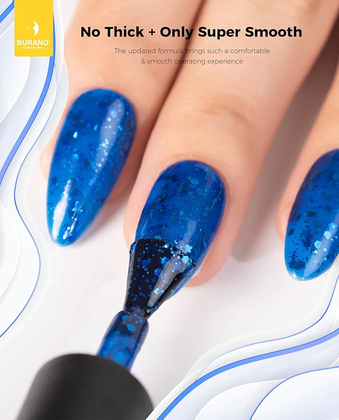 BURANO Glitter Nail Polish, LED UV Shimmer Holographic Effect Soak Off Gel, No Chip Sparkle Polish for Home DIY Nail Salon (Blue LP7)