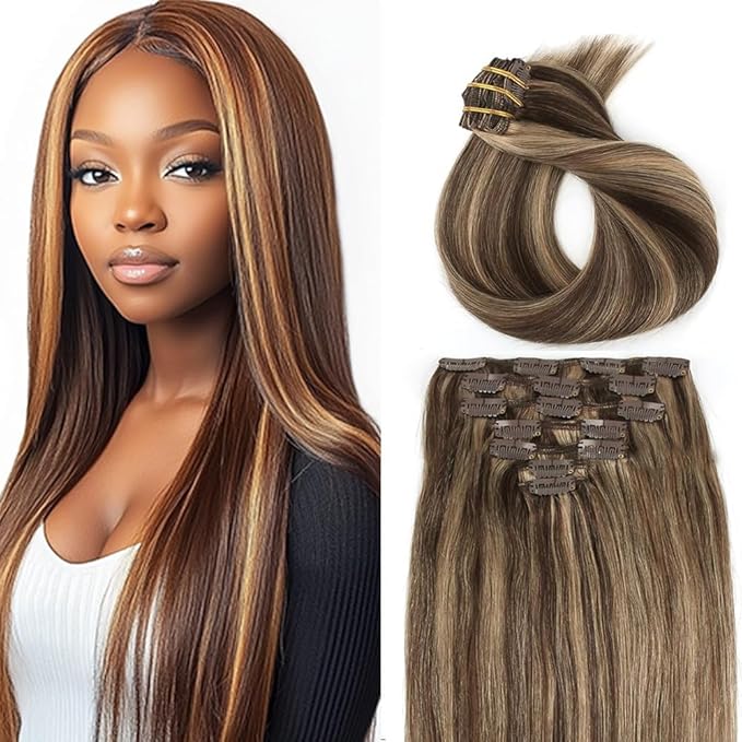 20 Inch P4/27 Blonde Clip in Hair Extensions - Real Remy Human Hair, 120g 7pcs, Highlight Blonde Human Hair Extensions Clip ins for Women