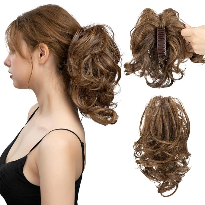 CJL HAIR Claw Clip Short Ponytail Hair Extensions DIY Bendable Metals Messy Bun Hair Piece for Wonen Wavy Curly Synthetic Fake Hairpieces Dark Brown/Golden Blonde
