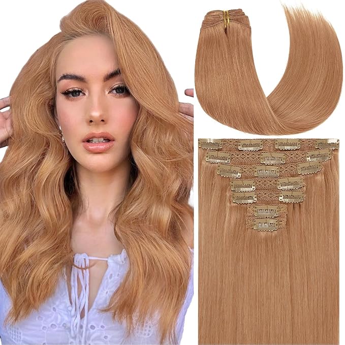 Caliee Hair Extensions Clip in Human Hair Auburn Brown Double Weft Thick Ends Seamless Hair Extensions Clip in Human Hair 18 Inch with 16 Clips 120 G Soft