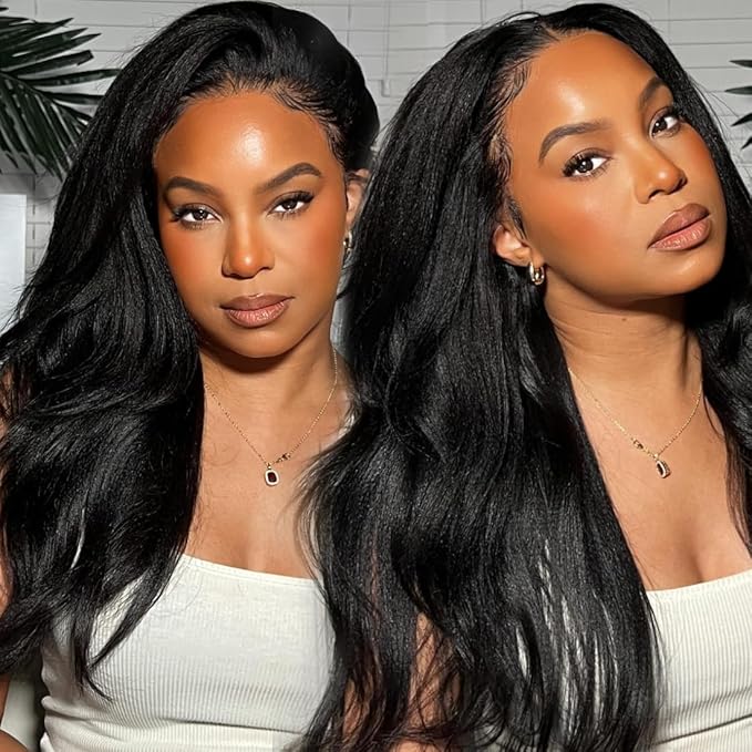 Sunber Yaki Straight Human Hair Glueless Wig Pre Everything 13x4 Lace Frontal Pre Cut Lace Pre Bleached Invisible Knots 180% Density Put on Go Bye Bye Knots No Glue 20Inch Yaki Straight Human Hair Wig