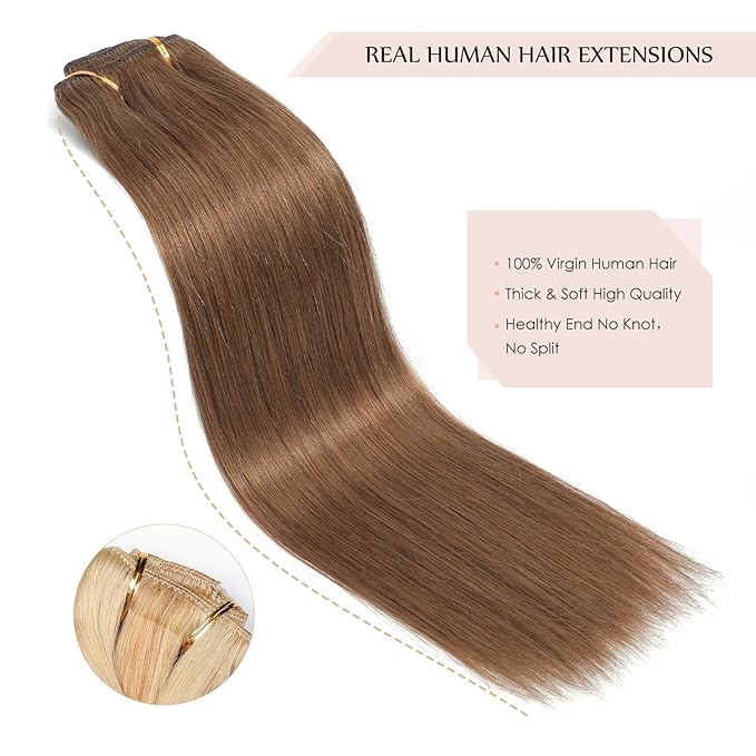 Sisily Clip in Hair Extensions Real Human Hair, 18 inch 150g, Medium Light Brown, 100% Brazilian Remy Human Hair Clip in Extensions Soft Straight 7pcs Per Set with 16 Clips Double Weft