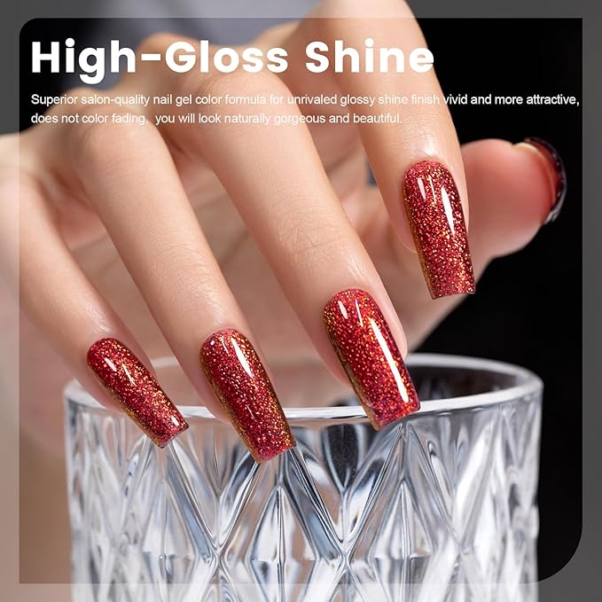 RARJSM Red Chameleon Gel Nail Polish Multichrome Big Flakes Color Changing Glitter Chrome GelPolish Curing Requires Sparkle Shimmer Nail Gel Varnish Soak Off DIY at Home Salon 15ml