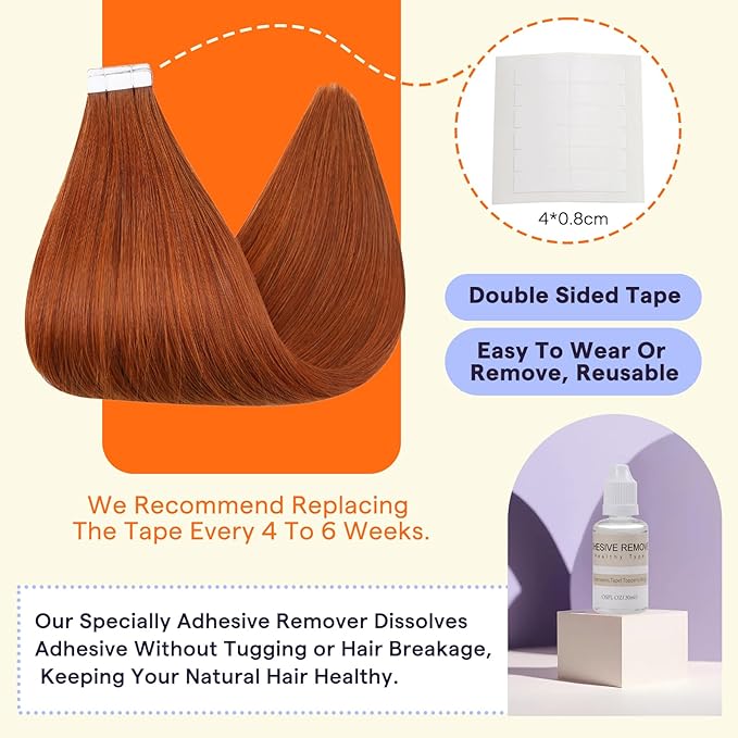 Full Shine Tape in Hair Extensions Human Hair Color 550 Copper 24 Inch Natural Straight Remy Human Hair Tape in Extensions 50Grams Invisible Seamless Skin Weft Real Hair 20PCS for Women