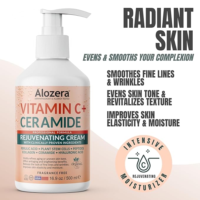 Alozera Vitamin C Body Lotion (2-Pack) and Hyaluronic Acid Serum with Ceramides and Stem Cells – Hydrating and Rejuvenating Skincare Duo for Face, Neck and Body, Lightweight, Fragrance-Free, Made in U