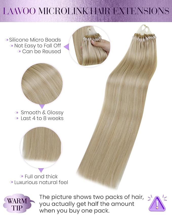 LaaVoo Micro Link Hair Extensions Human Hair Golden Blonde Highlights Light Blonde Micro Ring Hair Extensions Human Hair 16in 50g 50s