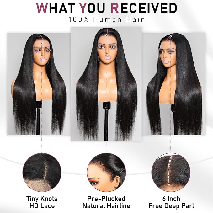 13x6 HD Lace Front Wigs, 100% Human Hair, [2-Year Life], 200% Density 30 Inch Straight Frontal Wigs Human Hair Pre Plucked for Black Women Free Part,[0.1mm Ultra-Thin Skinlike HD Lace]