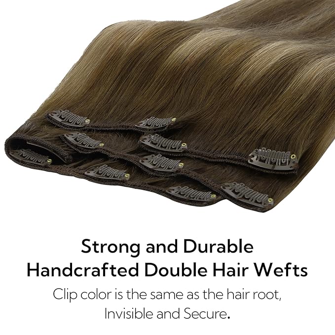 HOTBANANA Clip in Hair Extensions Real Human Hair, 150g 9pcs 24 inch Balayage Chocolate Brown to Caramel Blonde Straight Remy Clip in Extensions Full Head for Women
