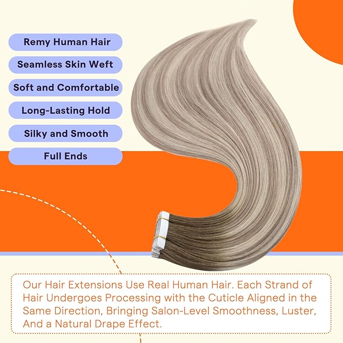 Full Shine Tape in Extensions Human Hair 14 Inch Color 8/60/18 Blonde and Brown Double Sided Remy Hair Extensions Tape in Straight Natural 20pieces Ombre Seamless Skin Weft 50grams for Women