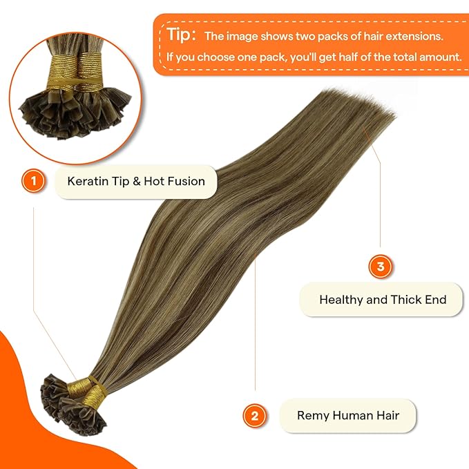 Full Shine Ktip Human Hair Extensions Color 4 Brown Highlighted 27 Blonde 14 Inch 50 Grams K Tip Hair Extensions Real Human Hair Fusion Extensions Straight Natural Remy Hair