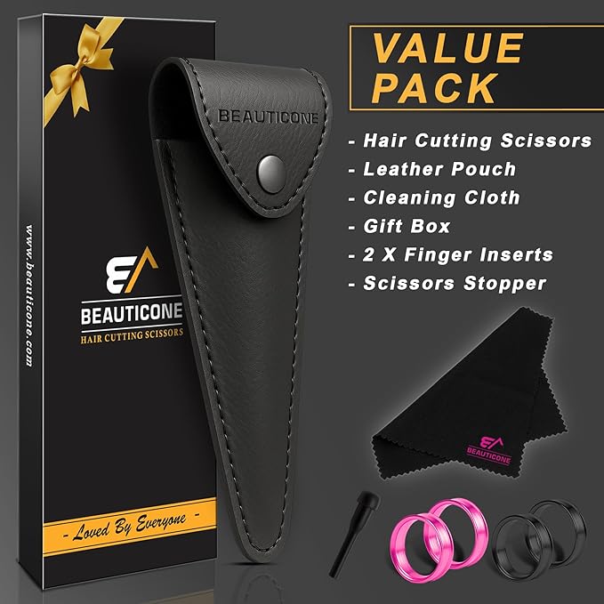 BEAUTICONE ® Hair Cutting Scissors - High Carbon SS 6.5" Professional Barber-Grade Salon Shears with Serrated & Razor Edge - Black Premium Gift Box with Leather Pouch & Extra Accs - Ultra Lightweight
