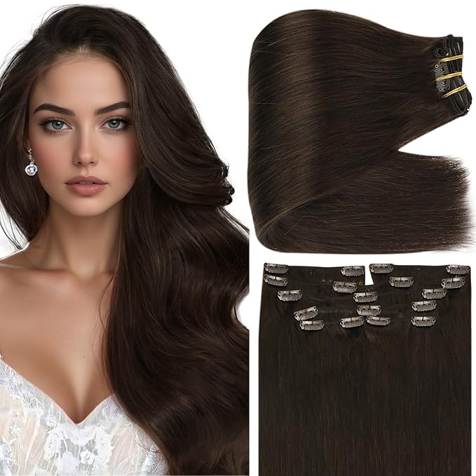 Full Shine Brown Hair Extensions Clip ins 180 G 28 Inch Dark Brown Clip in Hair Extensions Real Human Hair for Length for Prom 7 Pcs