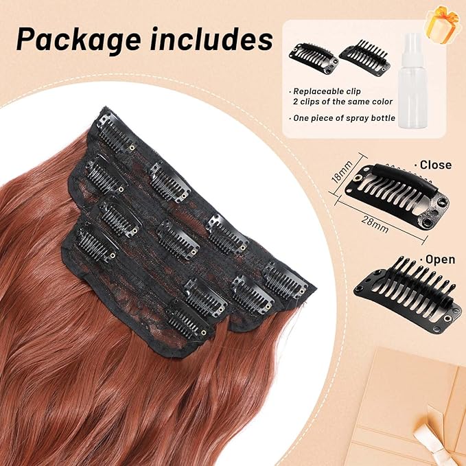 Clip in Hair Extensions 4 PCS 20 Inch Auburn Long Wavy Hair Extensions, Natural Soft Hair Double Weft Hairpieces for Women (350#, 20INCH)