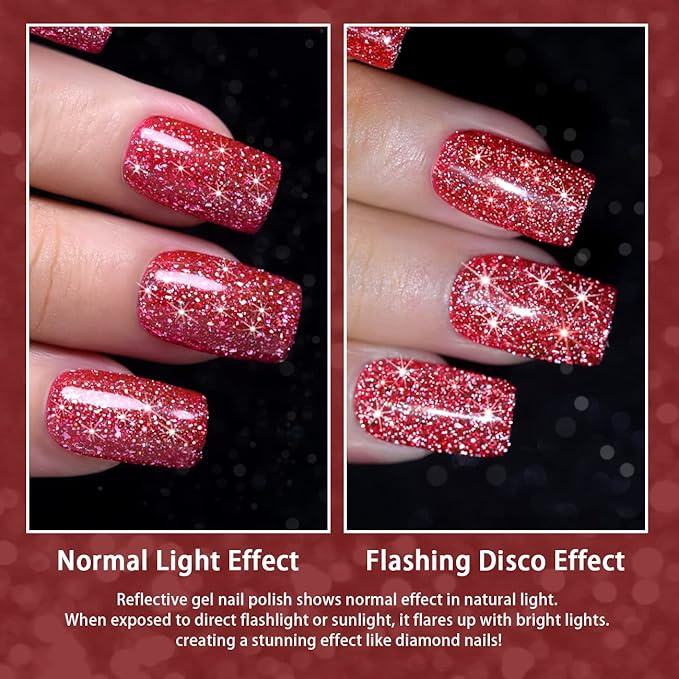 RARJSM Reflective Glitter Gel Polish Red,Glitter Gel Nail Polish Red 7.5ml Holographic Rainbow Iridescent Shimmer L E D U V Soak Off Sparkle Diamond Gelpolish Nail Art Manicure Salon DIY at Home 1pcs