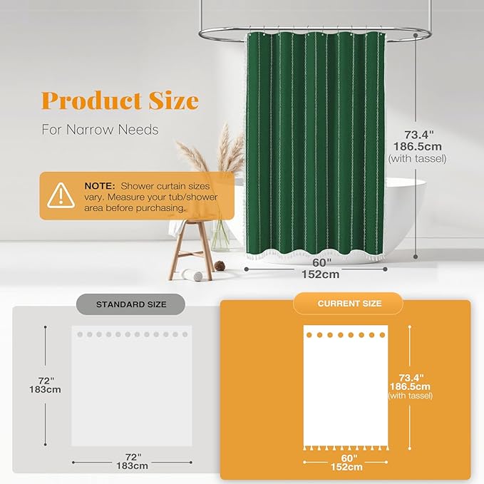 BTTN Stall Shower Curtain - 60x72 Narrow Boho Farmhouse Linen Vintage Striped Fabric Shower Curtain Set with 10 Hooks, Bohemian Cottage Decorative Cloth Shower Curtain for Bathroom - Emerald Green