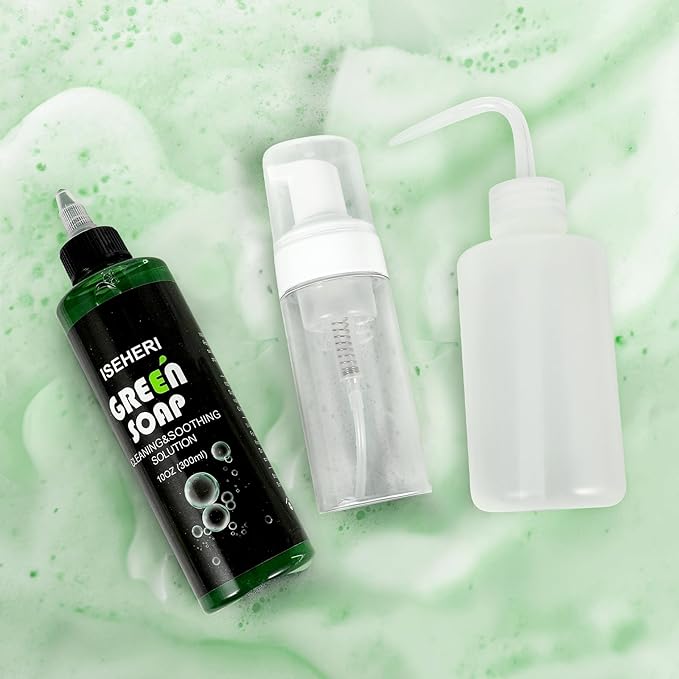Ultra Concentrated Green Soap Tattoo (10 oz) with 120ml Foaming Bottle and 8 oz Squeeze Bottle – Tattoo Supplies for Tattoos, Piercings, Skin and Equipment Cleaning