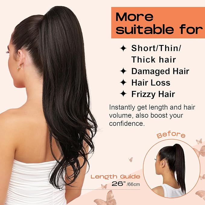 SEIKEA Versatile Drawstring Ponytail Extension, 26" Long Wavy Multi Layered Clip in Ponytail Hair Extensions Stand Up High Fake Pony Tail Soft Natural Synthetic Hairpiece Dark Blonde to Light Blonde