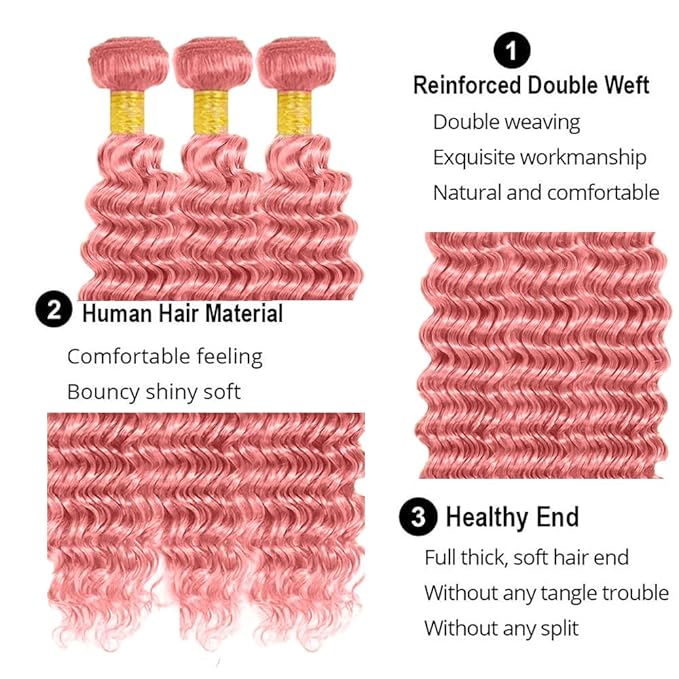 Pink Bundles Human Hair Pure Pink Deep Wave Bundles 20 22 24 Inch Freiuoke Hair Unprocessed Brazilian Virgin Remy Hair Extensions 300g