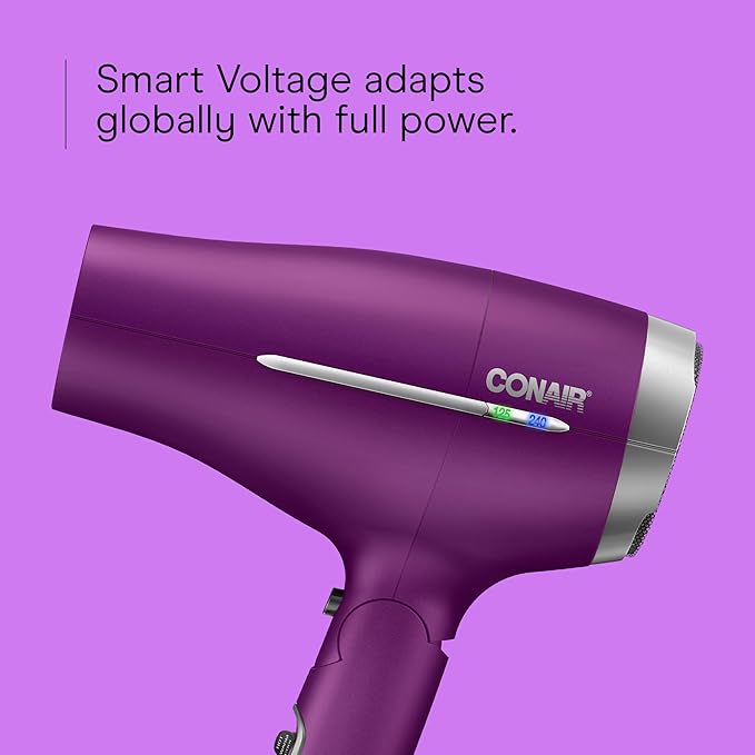 Conair Worldwide Folding Handle Hair Dryer with Concentrator & Diffuser, 1875W Travel Blow Dryer with Smart Voltage Technology, Ionic Conditioning Fights Frizz, 3 Heat & 2 Speed Settings, Purple
