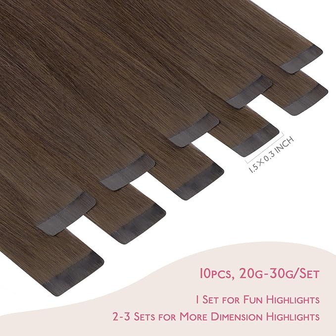 WENNALIFE Tape in Hair Extensions Human Hair Chocolate Brown Tape in Extensions, 10pcs 30g 20 inch Remy Invisible Tape Ins Straight Soft Real Human Hair Tape in Extensions Refill Set Extensions