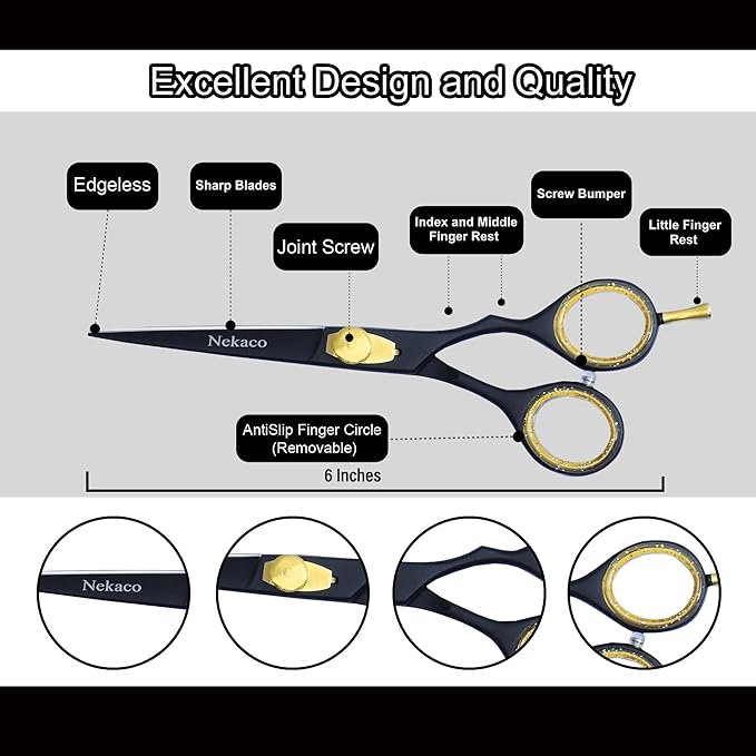 Professional 6-Inch Black Hair Scissors, Premium Quality Stainless Steel Hair Cutting Shears, Hair Shears with Adjustable Screw for Barber Salon & Home