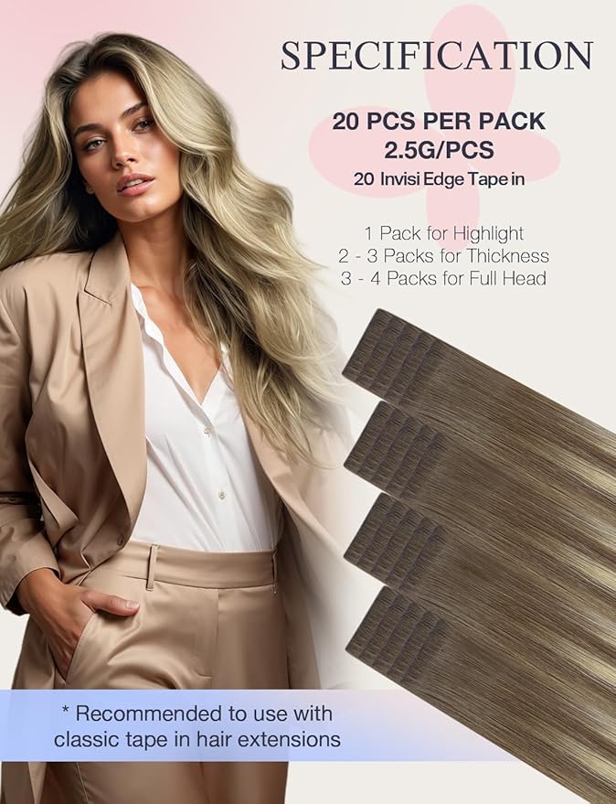 DOORES Invisi Edge Tape in Hair Extensions Human Hair, Ash Brown to Platinum Blonde 10 Injection Tape-ins with 10 Injection Tape-ins 50g 20 Inch, Virgin Tape in Extensions