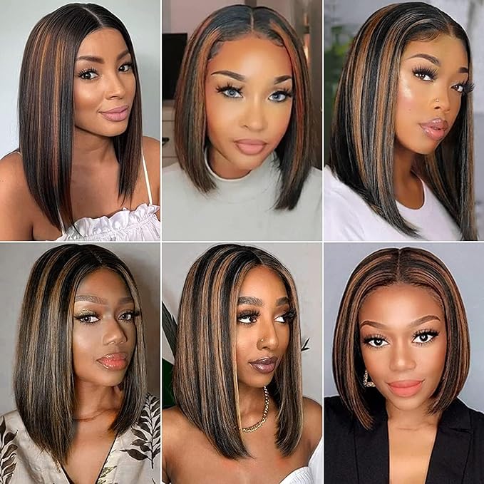 FB30 Ombre Bob Wig Human Hair Real 210% Density Ready to Go Glueless Wig 12a Straight Highlight Bob Wigs Human Hair Pre Cut Lace Pre Bleached Tiny Knots (14inch, 13x4 FB30 Bob)