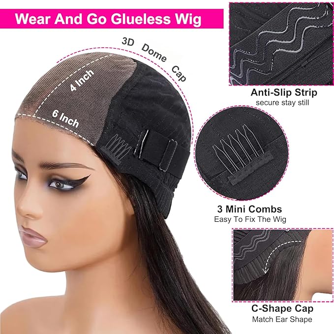 250% Density 6x4 Wear and Go Wig, 100% Human Hair, [2-year life, 250g], Body Wave Glueless Closure Wigs Human Hair Pre Plucked Pre Cut Middle Part, 26 Inch