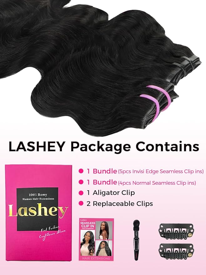 Lashey Invisi Edge & Seamless Clip in Hair Extensions Human Hair, 200g 9pcs(5pcs Invisi Edge & 4pcs Seamless) Hair Extensions Real Human Hair, 22 Inch Natural Black Body Wave Hair for Full Head
