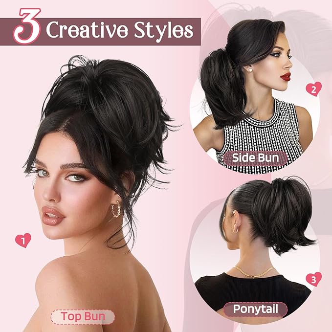 HOOJIH Ponytail Extension, Claw Clip in Straight Hair Bun Messy Bun 9 Inch Short Ponytail with Bendable Metal Wire Hair Pieces for Women Fake Hair Bun DIY Styles - Warm Brown with little black mixed