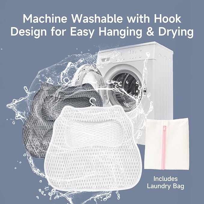 Bath Pillow with 48 Strong Suction Cups - 4D Air Mesh Bathtub Pillow for Neck, Head, Shoulder & Back Support - Extra Thick, Quick-Drying Spa Pillow with Built-in Hook(Grey)