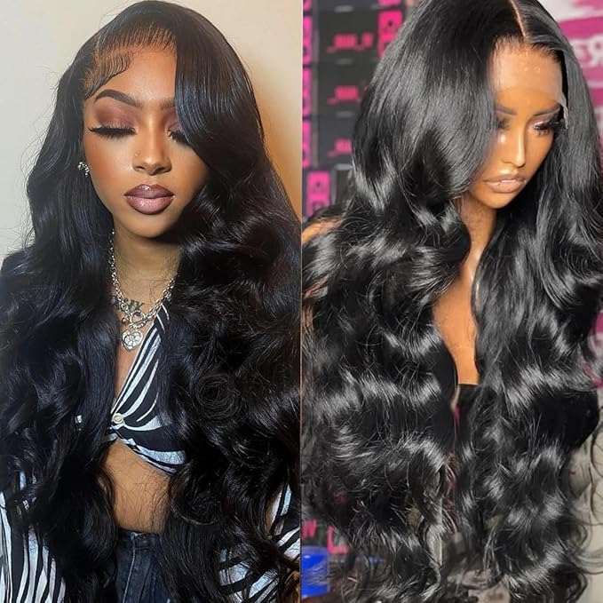 13x6 Body Wave Lace Front Wigs Human Hair Pre Plucked 200% Density HD Transparent Lace Frontal Wigs Human Hair With Baby Hair Natural Black 34 Inch