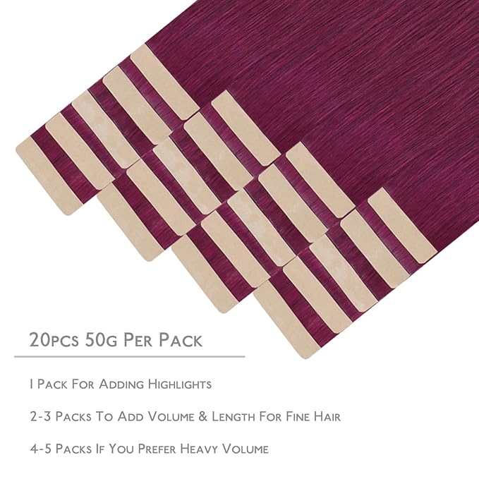 WENNALIFE Tape in Hair Extensions Human Hair, 20pcs 60g 26 inch Light Burgundy Remy Hair Extensions Straight Human Hair Tape in Extensions Skin Weft Tape Extensions Human Hair