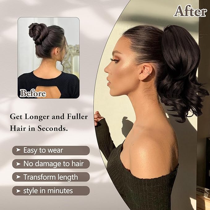 Ponytail Extension, 12inch Curly Wavy Ponytail Claw Clip Ponytail Extension Natural Looking Soft Synthetic Clip on Pony Tails Hairpiece for Women (Brown Black 6#)