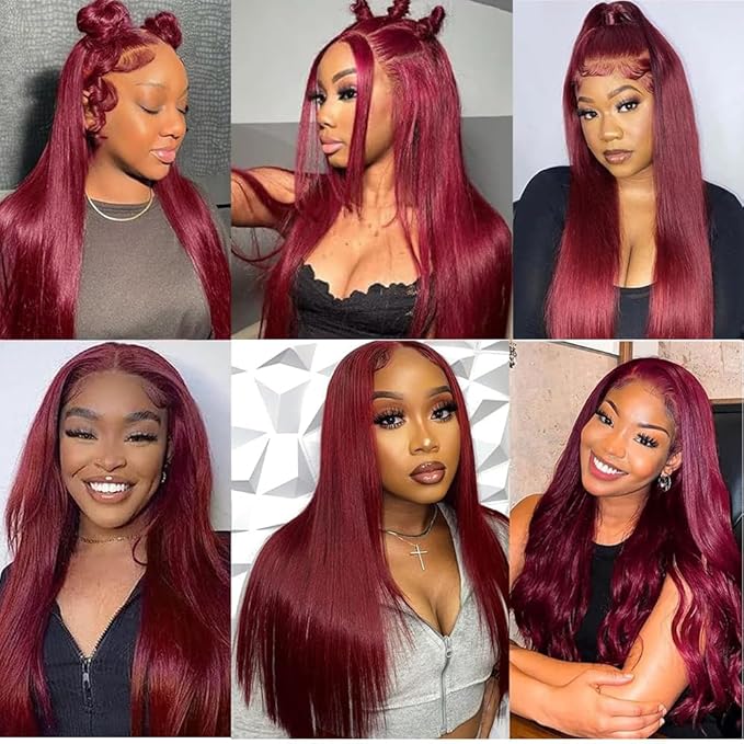 99j Burgundy Lace Front Wigs Human Hair 13x6.5 HD Burgundy Colored Lace Front Wigs Human Hair 250% Density Glueless Straight Wigs Human Hair Pre Plucked with Baby Hair (24 inch, 99j)