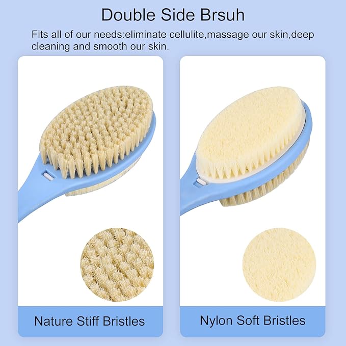 Shower Body Brush with Soft and Stiff Bristles,HONOMA Dual-Sided S Curved Long Handle Back Scrubber Body Exfoliator for Wet or Dry Bath Brushing(Blue)
