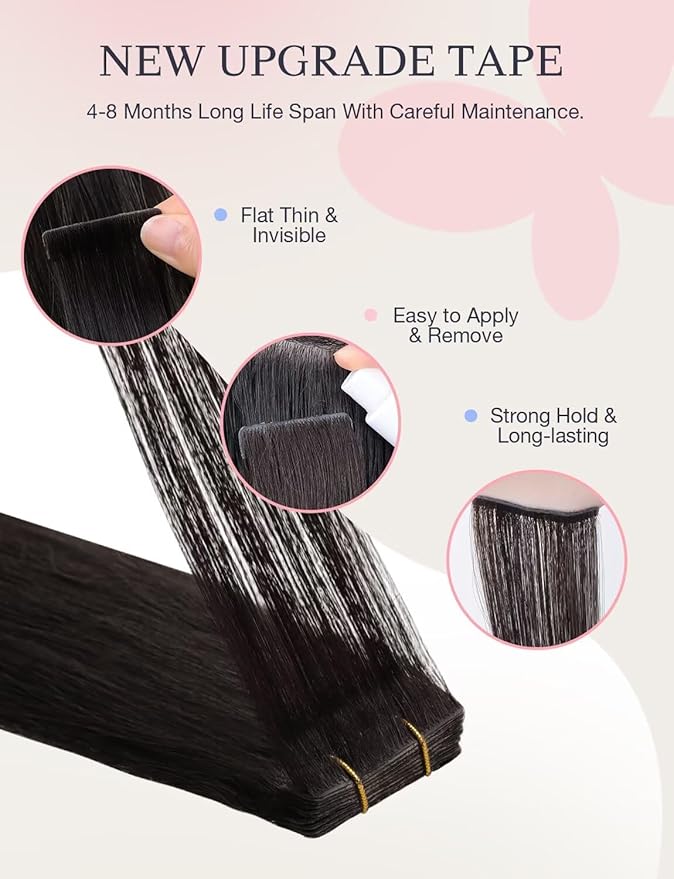 DOORES Invisi Edge Hair Extensions Real Human Hair Tape in, Natural Black 10pcs Injection Tapeins, 25g 20 Inch, Virgin Human Injected Tape in Extensions Seamless