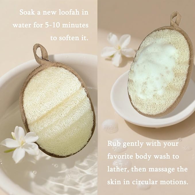 Natural Loofah Body Scrubber for Sensitive & All Skin Types, Made with Egyptian Organic Luffa, Biodegradable Gentle Exfoliating Bath Loofah for Women & Men, Large Size Shower Loofah 2 Pack