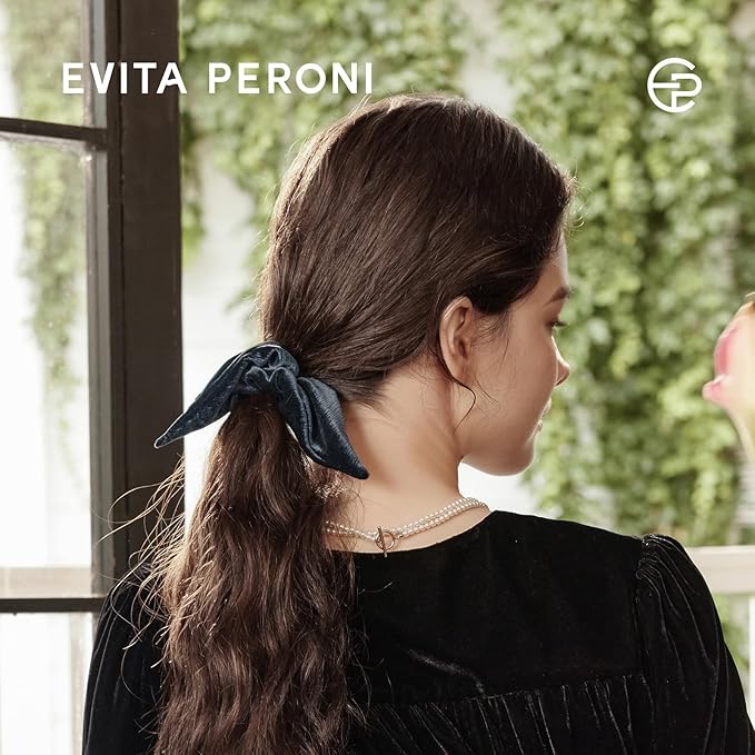 Evita Peroni Velvet Hair Scrunchie - Navy Blue Triangle Scrunchies for Women - Stretchy Polyester Spandex Hair Tie - Winter Christmas Gift in Elegant Packaging (Navy Blue)