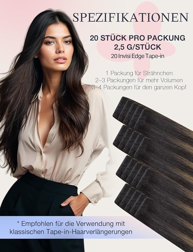 DOORES Invisible Tape in Hair Extensions Human Hair Invisi Edge, Dark Brown to Chestnut Brown 10 Injection Tape-ins with 10 Injection Tape-ins 50g 18 Inch, Human Tape in Extensions
