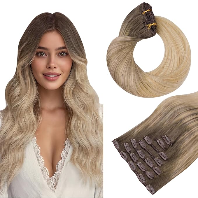 HOTBANANA Human Hair Clip in Hair Extensions, Balayage Caramel Blonde Hair Extensions 120g Real Human Hair Straight Remy Hair Clip Ins 20 Inch 7pcs