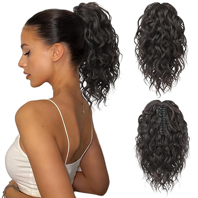 Flufymooz Ponytail Extension, 12" Short Claw Ponytail Extension Wavy Curly Jaw Clip in Pony tails Hair Extension Natural Synthetic Hairpiece for Women (Black Brown)