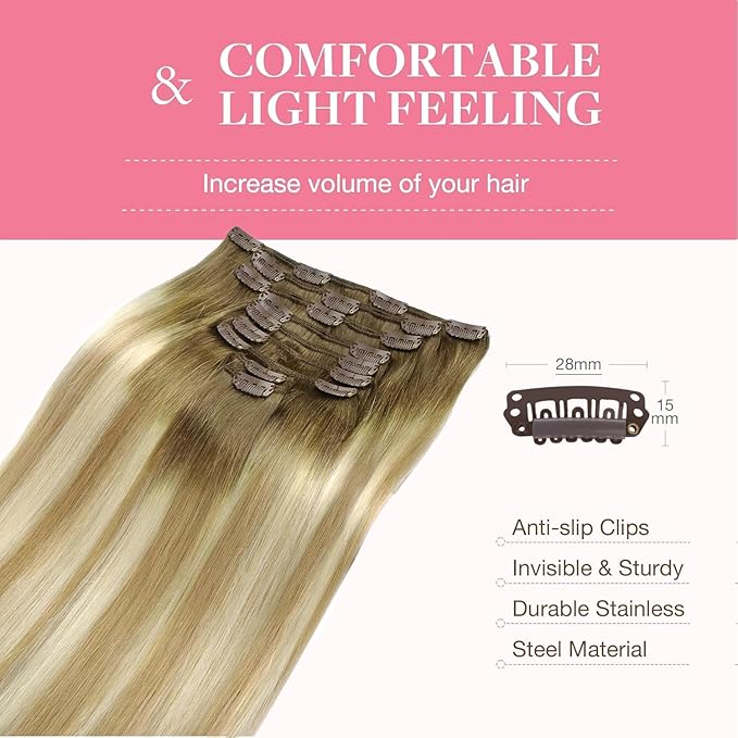 GOO GOO Clip in Hair Extensions Real Human Hair, Remy Human Hair Extensions Clip ins for Women, Natural Human Hair, 14inch 150g 9Pcs, 5A/90/16F Bahamian Balayage