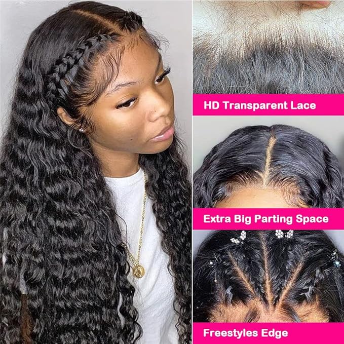 HD Lace Front Wigs Human Hair Water Wave 13x4 Lace Front Wigs Pre Plucked with Baby Hair Deep Wave Glueless Transparent Lace Front Wigs Unprocessed Brazilian Curly Human Hair Wig for Women 30