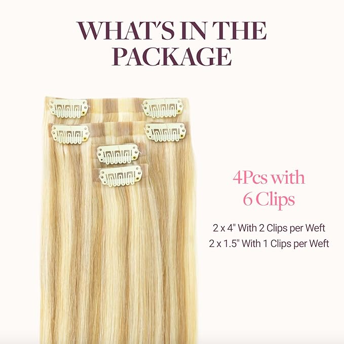 GOO GOO Invisi Edge Clip in Hair Extensions, 18inch 50g 4Pcs, Injected Seamless PU Clip in Hair Extensions, Virgin Real Human Hair, #16/22 Light Blonde Highlighted Golden Blonde